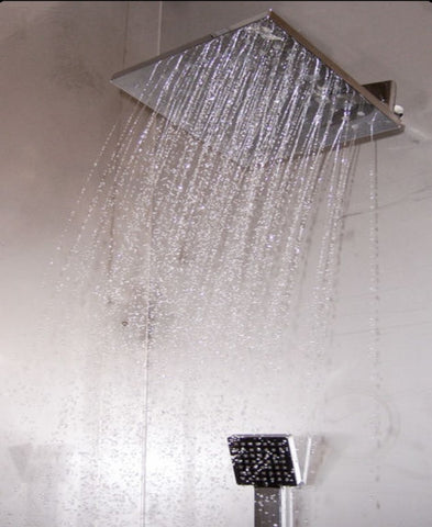Stainless Steel Stand Up Shower Stall Free DIY Plans - Square Rain Showerhead Build Your Own.